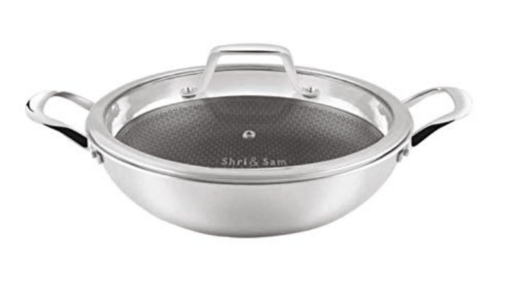 Shri & Sam Linocut Triply Stainless Steel Non-Stick Kadhai with Glass Lid, 26 cm, Silver/Inside Black Cube (All cooktop Friendly) - Image 2